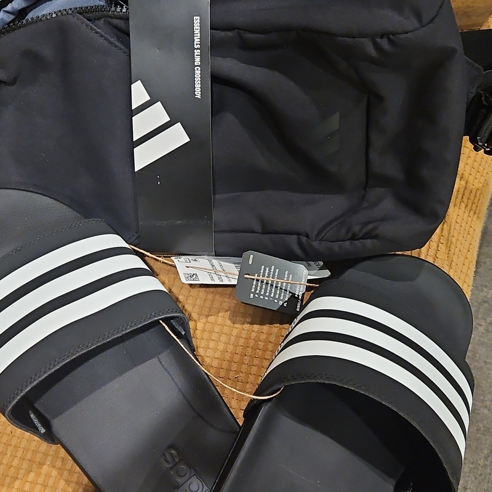 Adidas Comfort Slides&  Matching Sling Crossbody Bag.
